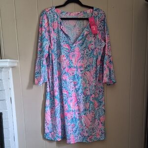 Lilly Pulitzer XL Pink & Aqua Floral Dress V-Neck Tunic NWT